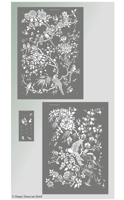 Parrot and Peony Chinoiserie All-Over Stencil