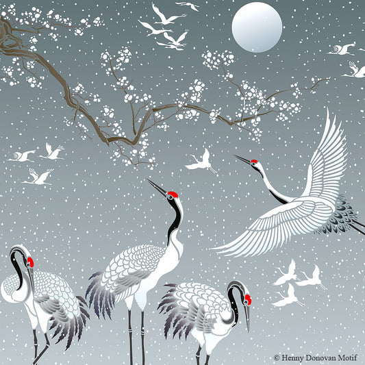 (5 Pack) Large Japanese Cranes Snowy Scene Greetings Card