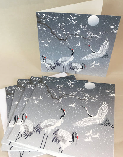 (5 Pack) Large Japanese Cranes Snowy Scene Greetings Card