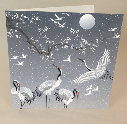 (5 Pack) Large Japanese Cranes Snowy Scene Greetings Card