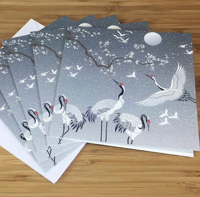 (5 Pack) Large Japanese Cranes Snowy Scene Greetings Card