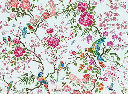 Parrot and Peony Chinoiserie All-Over Stencil