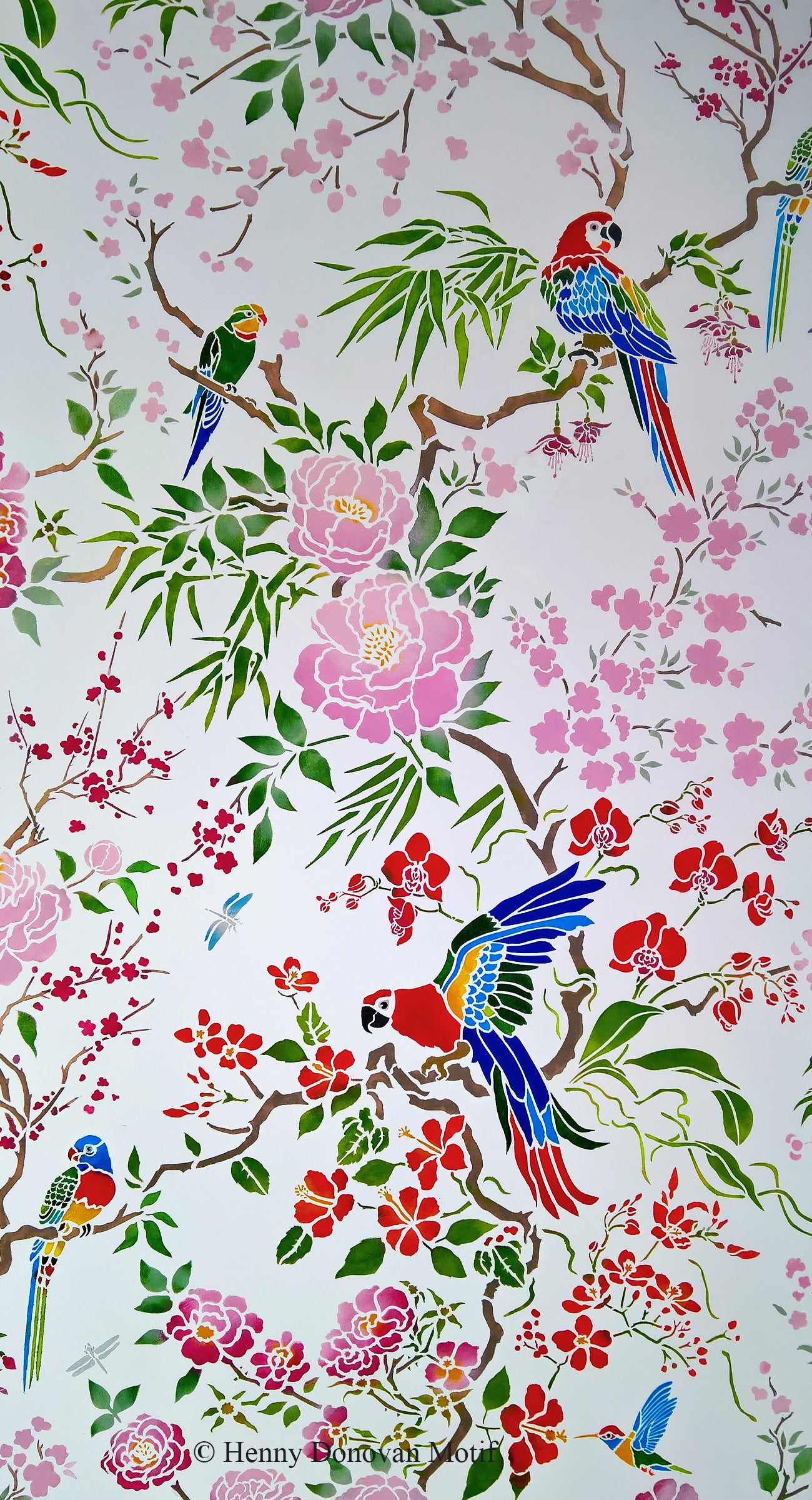 Parrot and Peony Chinoiserie All-Over Stencil