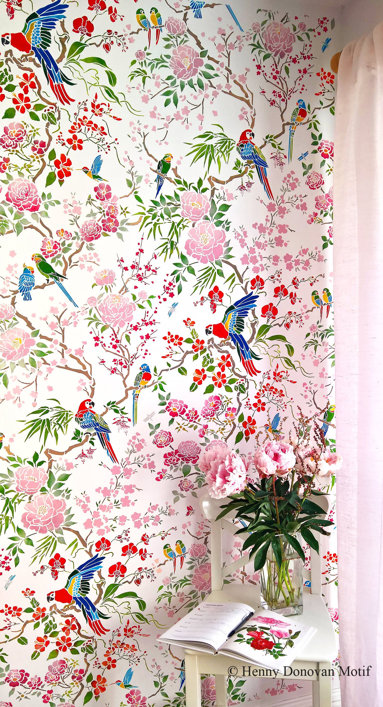 Parrot and Peony Chinoiserie All-Over Stencil