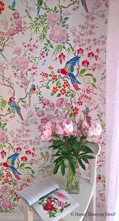 Parrot and Peony Chinoiserie All-Over Stencil