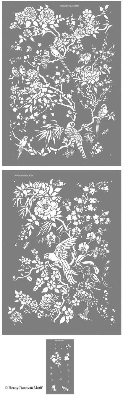 Parrot and Peony Chinoiserie All-Over Stencil