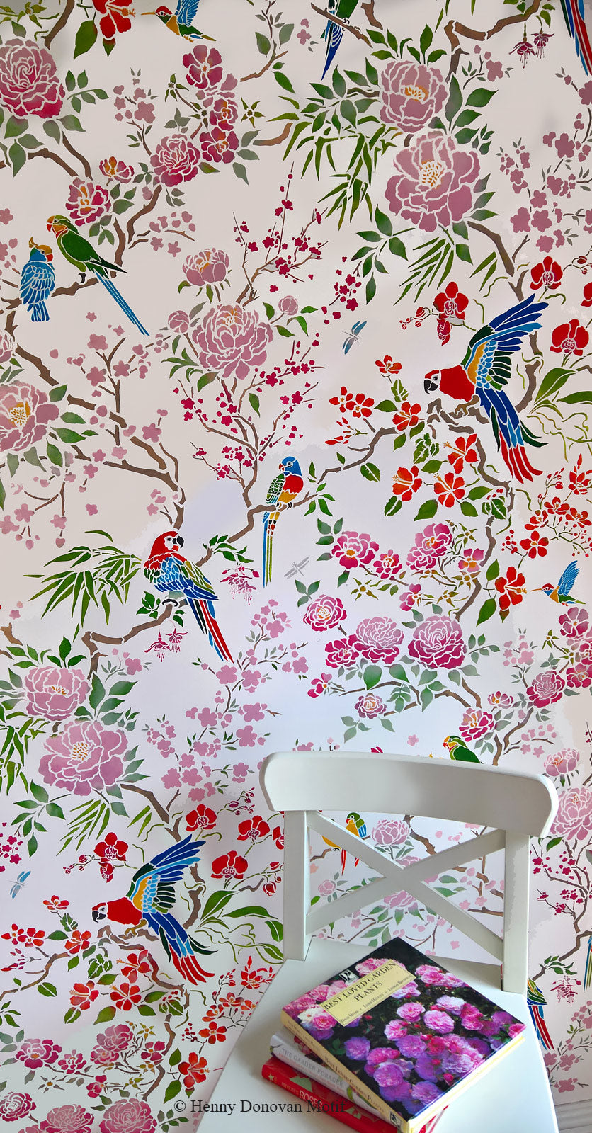 Parrot and Peony Chinoiserie All-Over Stencil