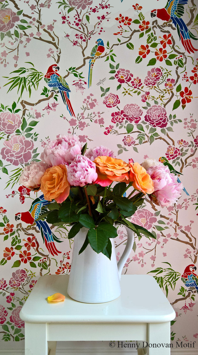 Parrot and Peony Chinoiserie All-Over Stencil