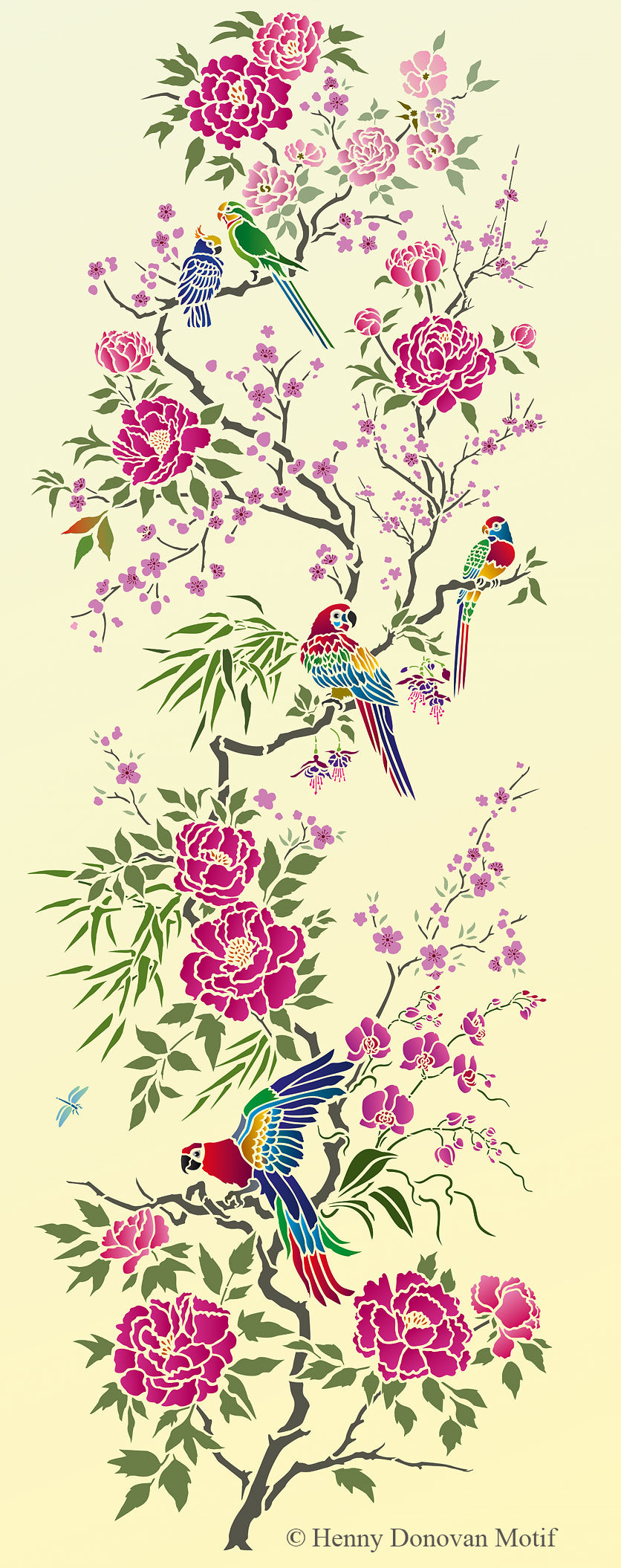 Parrot and Peony Chinoiserie Panel Stencil