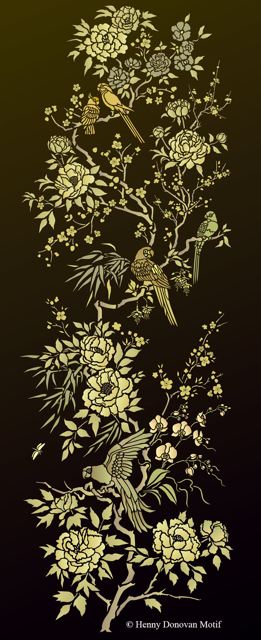 Parrot and Peony Chinoiserie Panel Stencil