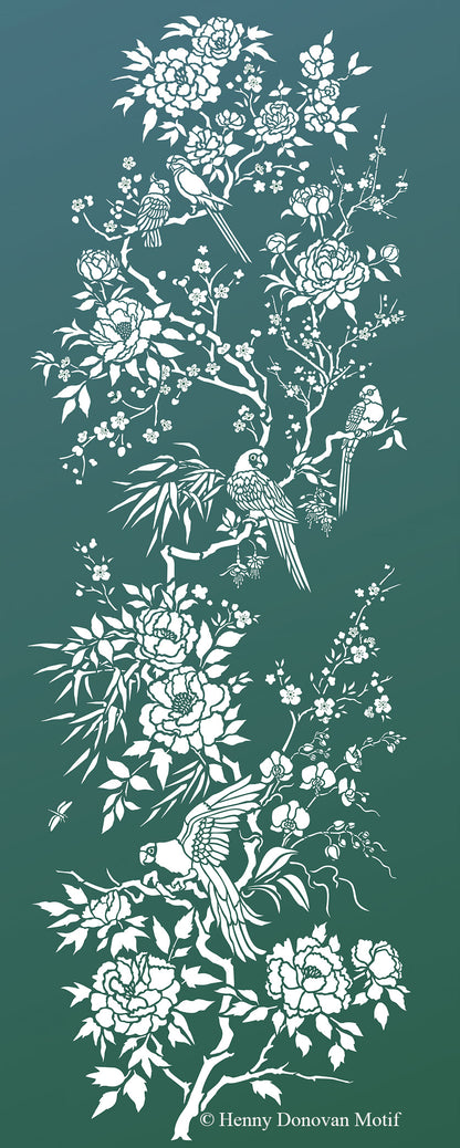 Parrot and Peony Chinoiserie Panel Stencil