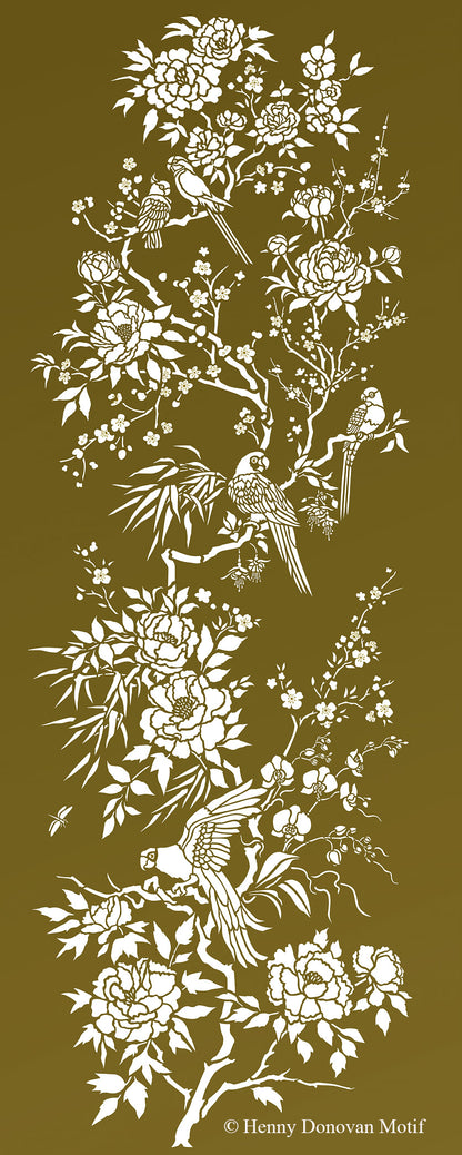 Parrot and Peony Chinoiserie Panel Stencil