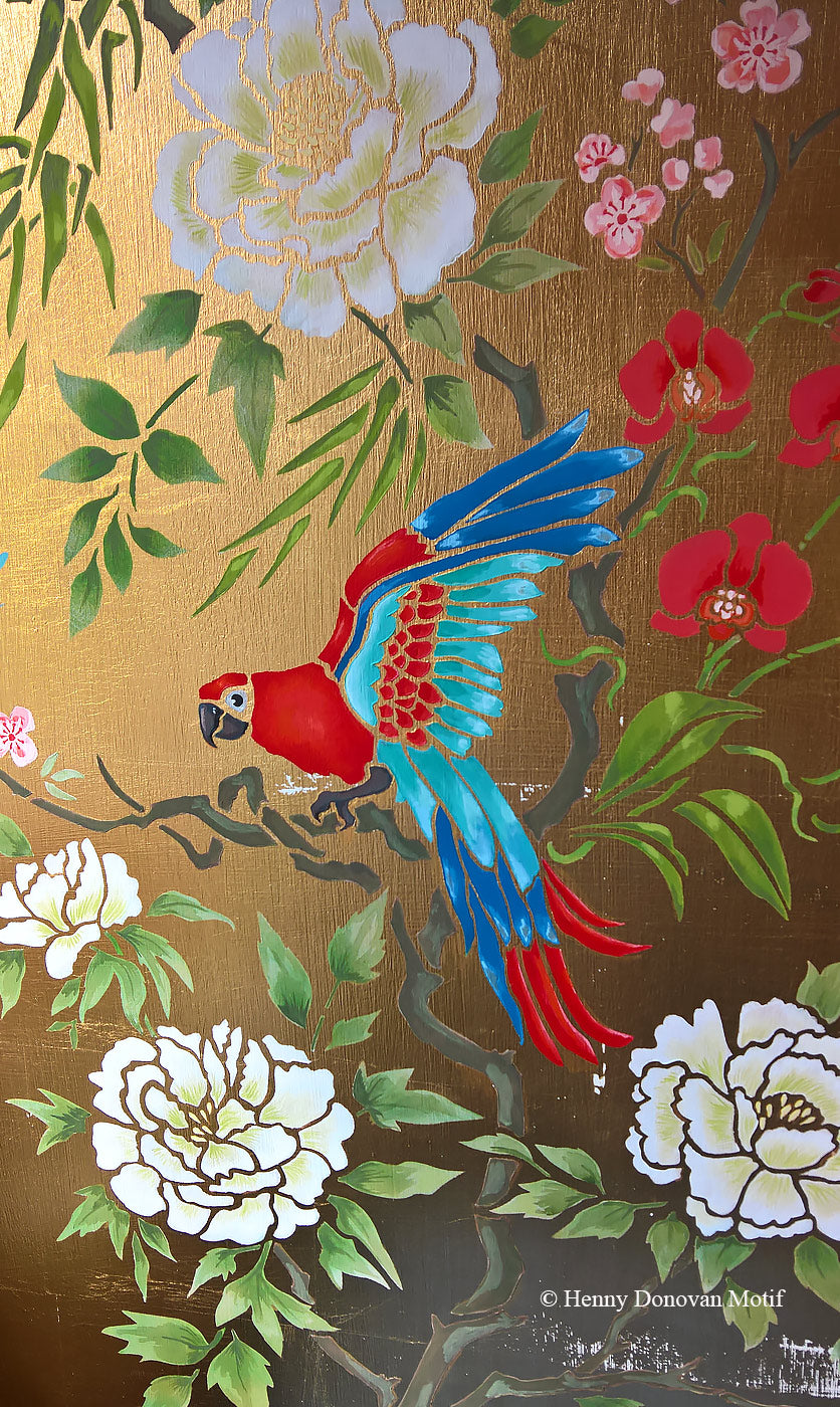 Parrot and Peony Chinoiserie Panel Stencil