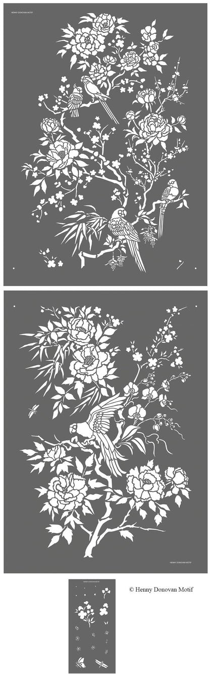 Parrot and Peony Chinoiserie Panel Stencil