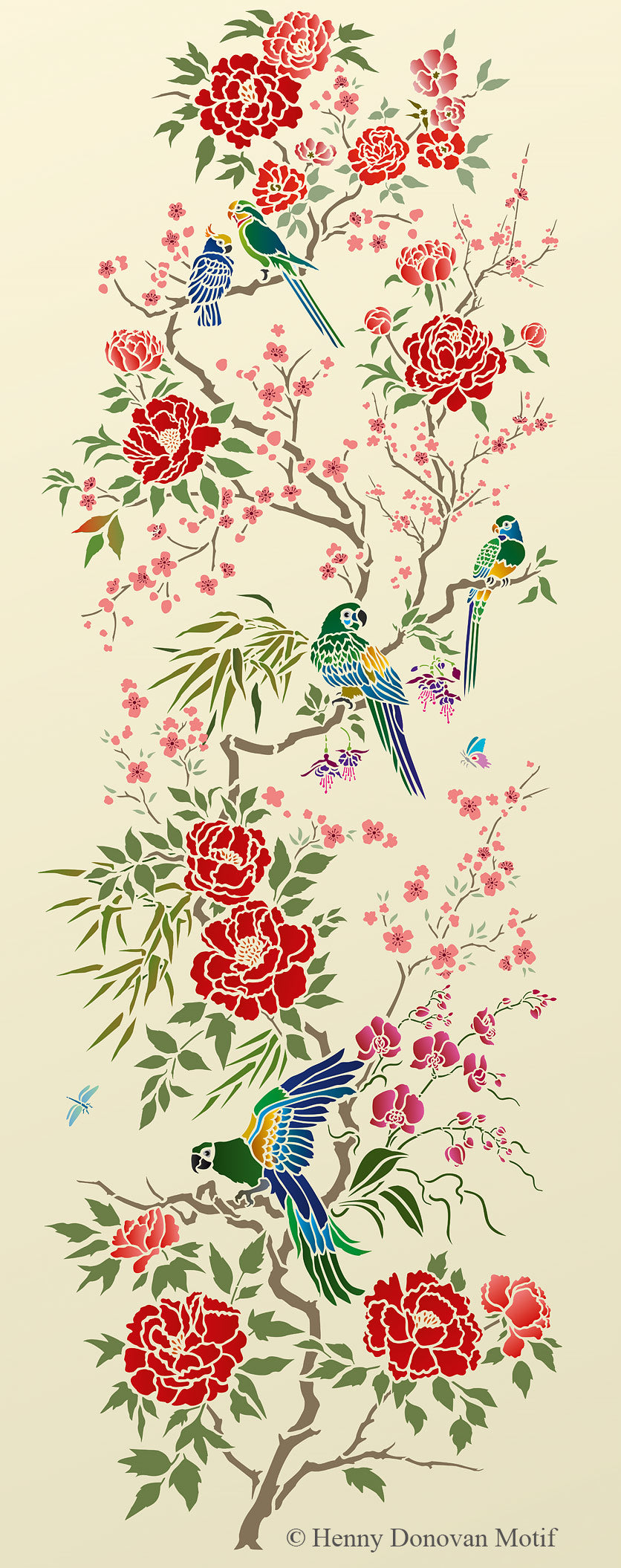 Parrot and Peony Chinoiserie Panel Stencil