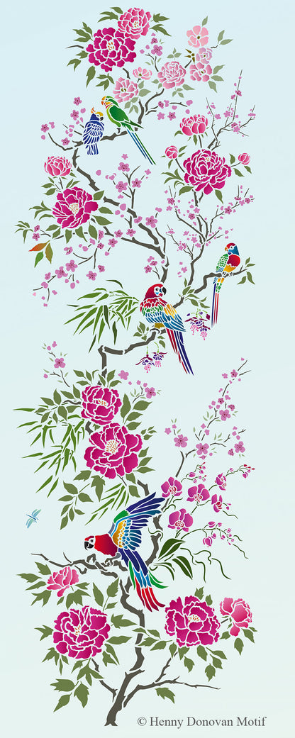 Parrot and Peony Chinoiserie Panel Stencil