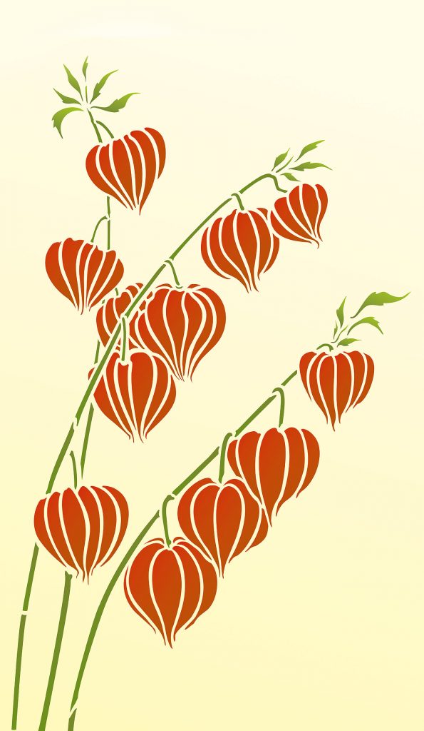 Striking botanical stencil
of the striking physalis plant.
1 sheet large designer stencil
The Large Chinese Lantern Stencil - is a new designer stencil based on Henny's striking drawings of the papery lantern-like flowers of the Physalis plant, known as the Chinese Lantern. This stencil is ideal for designers wanting to make a contemporary statement with a strong botanical feel. Use this stencil to create striking wall features or stunning fabrics with modern botanical design flare.

Easy to use stencil with 3 clustered Chinese lantern stems on one large stencil sheet with additional stalk motifs for extending the design as required.  See size specifications below.
