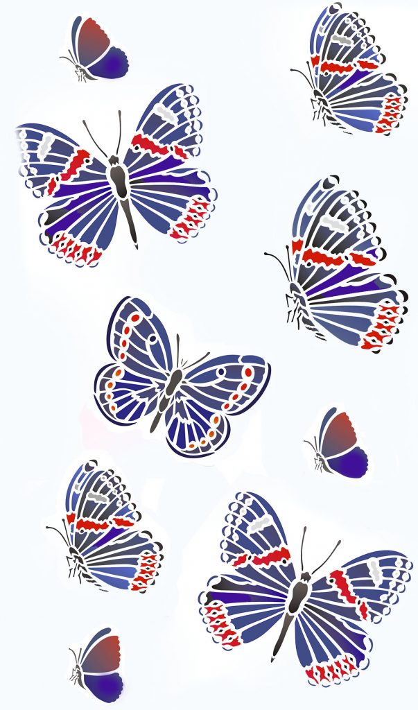 Beautiful English Garden butterfly stencil design
2 sheet stencil
The English Garden Butterflies Stencil comprises five beautifully detailed English garden butterflies - based on the distinctive markings of the pretty Red Admiral and inspired by different strains of Monarch butterfly. Perfect for creating classic flying butterfly patterns on walls and fabric and for adding pretty touches to furniture and home accessories. See size and layout specifications below.

The five beautifully detailed garden butterflies in this pack include one butterfly based on the wing pattern of the pretty English Red Admiral, shown as a front view and side view in different sizes - and one based loosely on the Monarch butterfly, shown as a front view. See sizes listed below.