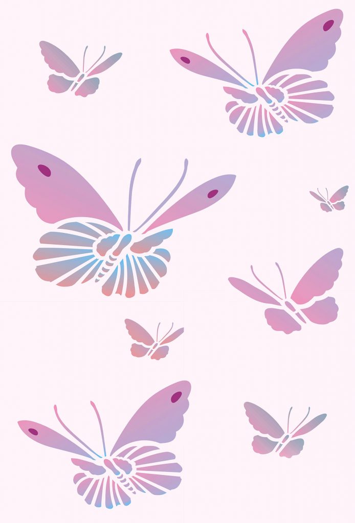 Charming Oriental Butterfly Stencil
6 different sized simple butterfly motifs
2 sheet stencil
The Butterfly Stencil - six delicate oriental butterfly motifs - ideal for creating style with an Oriental/Asian feel. A light, attractive and simple design with two larger, more detailed butterfly motifs with a pretty dot marking on the upper wing tips and four simple smaller butterflies. See size and layout specifications below.

The Butterfly Stencil is perfect for creating random effects on walls and fabric and for adding pretty touches to furniture and home accessories.  Use this design to easily create the look of flying butterflies and to create butterfly mobiles and bug murals!