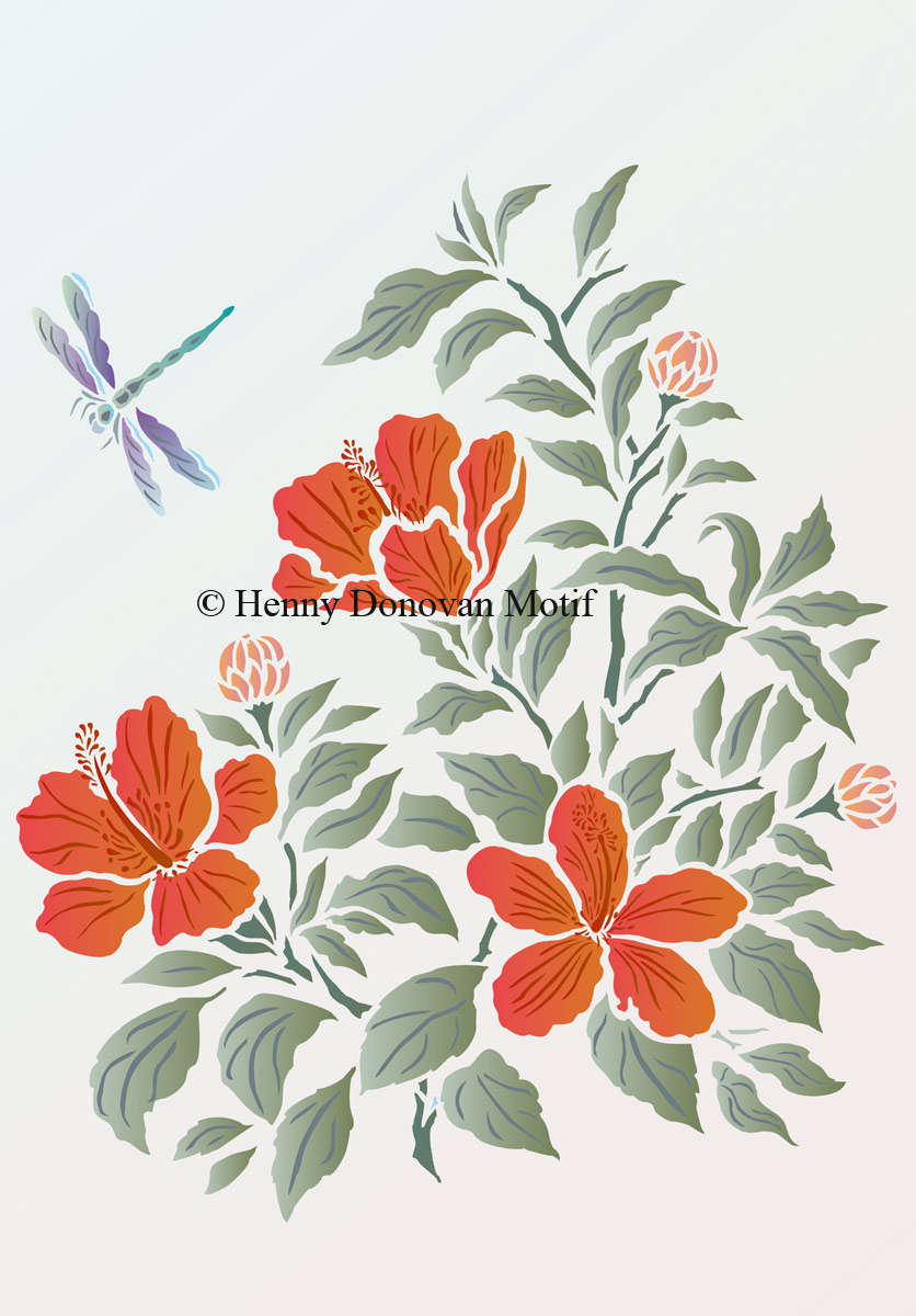 Hibiscus and Dragonfly Stencil in apricot tones