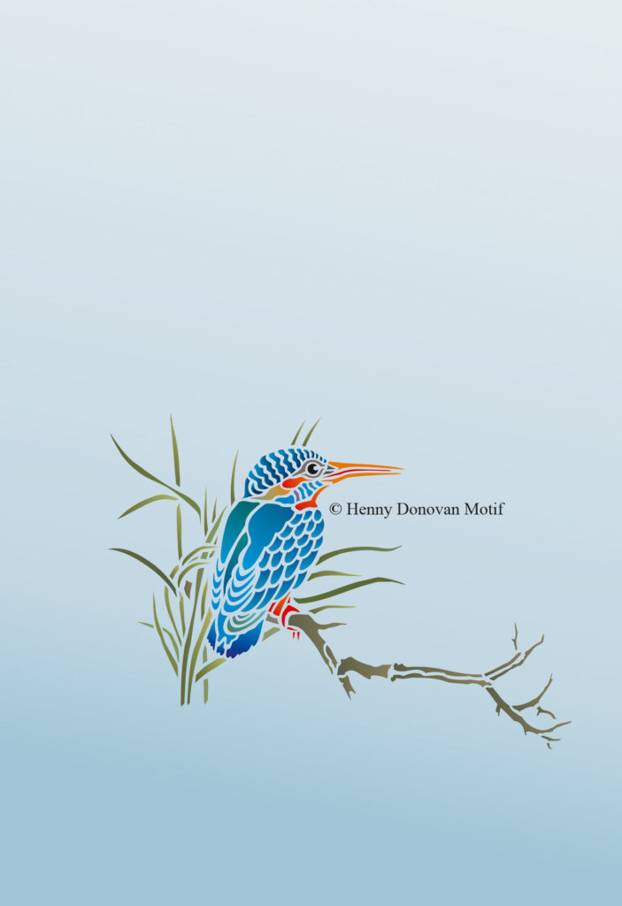 Intricate small waterside bird stencil
© Henny Donovan Motif
1 sheet stencil
The Kingfisher Stencil is an exquisitely detailed Kingfisher motif which captures the charm and beauty of this little wild bird, shown here perched amongst reeds, as seen on our riverbanks and waterways.

The bright sing song colours of this little bird will make a charming addition to many decorating projects. Use on fabrics, clothing, cushions, cards and motifs on furniture and accessories.

Stencil this one layer stencil in bright true-to-life colours for maximum impact or in simple silhouette style schemes on contrasting backgrounds. See layout and size specifications below.