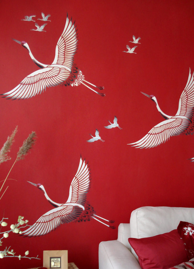 Elegant flying Red Capped Cranes Stencil
© Henny Donovan Motif
Large 1 sheet stencil
The graceful Large Flying Cranes Stencil depicts a large Red Capped Asian Crane and captures the beauty and elegance of these stunning birds in flight and will enable you to create simply breath-taking murals and features walls, as well as decorative panels and fabrics. Large single sheet stencil with one large flying crane and three cranes flying in the distance. See stencil layout and size specifications below.