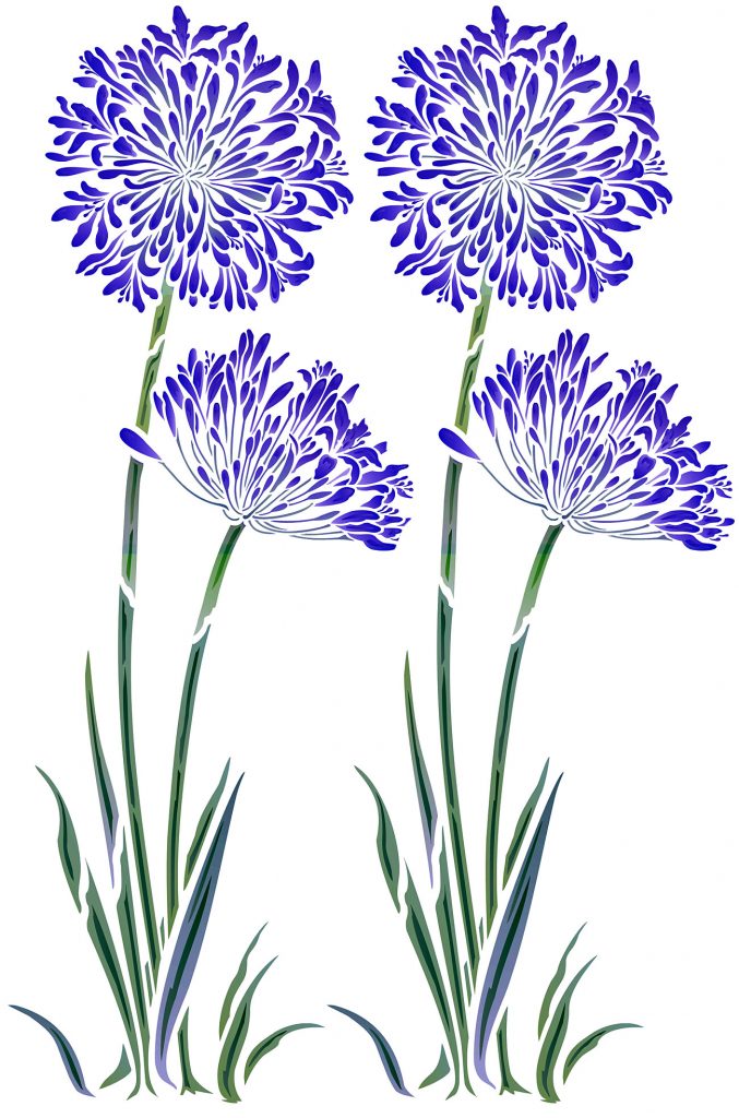 Beautiful 2 sheet flower stencil
As featured in Country Living Magazine - the beautiful Agapanthus Stencil - a flower very much in vogue! Now offered in two different sizes (57cm tall this page, for 80cm tall version see Large Agapanthus Stencil) - this stencil captures the beauty and elegance of the Agapanthus (African Lily) in full bloom. Use to create modern feature walls, panels, fabric drops and cushion covers. Use tones of purple, lilac, blue and green for a clean, fresh modern look, or simple monochrome colours for a subtle effect.

2 layer flower stencil with easy to use registration dots. See size Specifications below