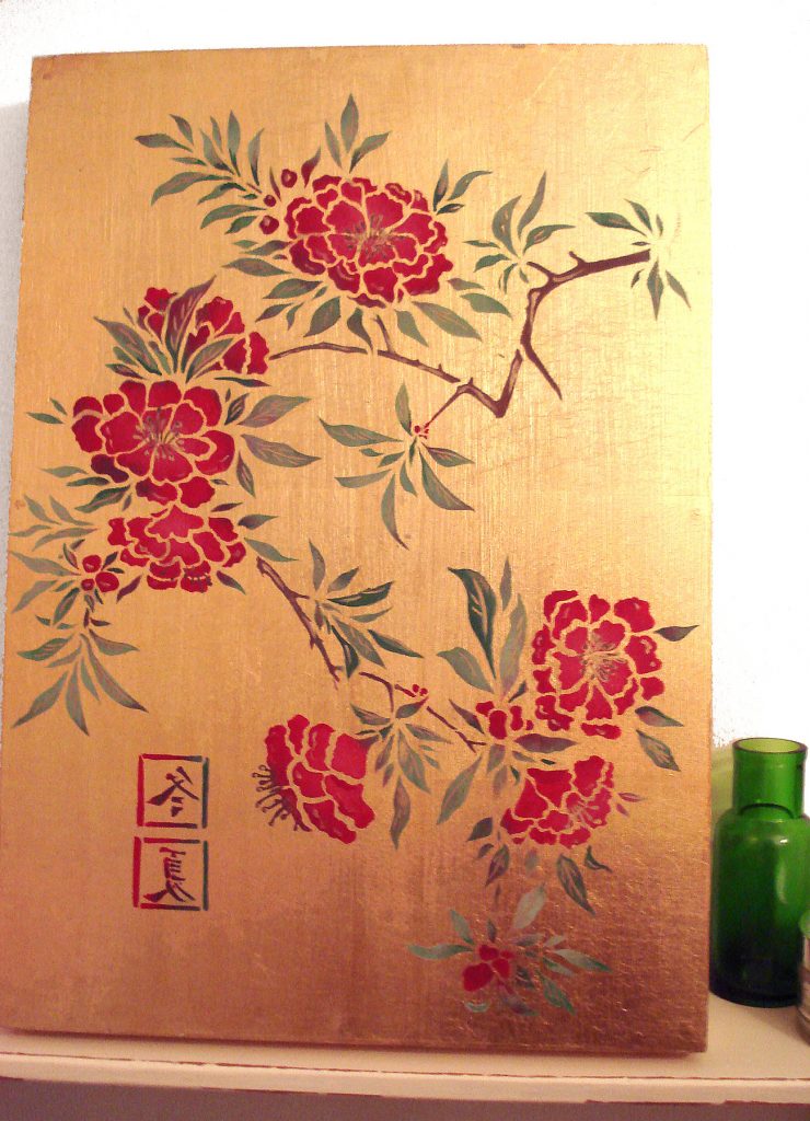 Flower and Calligraphy stencil
2 layer stencil on 2 sheets
The captivating Chinese Azalea Flower Stencil is a beautiful designer stencil based on historical Chinese Azalea flower studies and developed as a contemporary oriental flowers and branch design with integral decorative Chinese calligraphy motifs, originally meaning Winter and Summer. This easy to use stencil comes on two sheets as a two layer design - see size and layout specifications below.