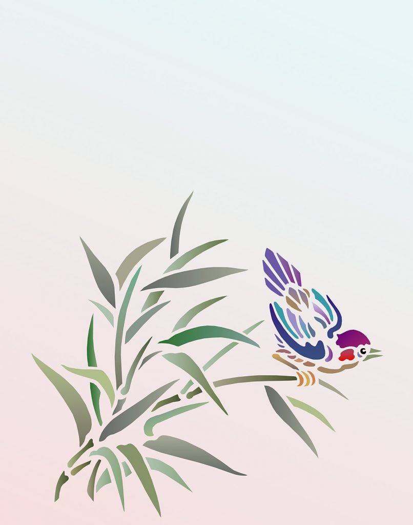 The graceful Bamboo and Bird Stencil is a beautiful small motif stencil of a delicate finch-like bird perched on a spray of bamboo. Use it to stencil smaller objects and accessories such as greeting cards, cushion covers, boxes or as a random motif on walls and fabrics. This easy to use one sheet stencil works well in a multitude of applications and is also beautiful in gilded or metallic finishes for a Chinese look.  See size and layout specifications below.