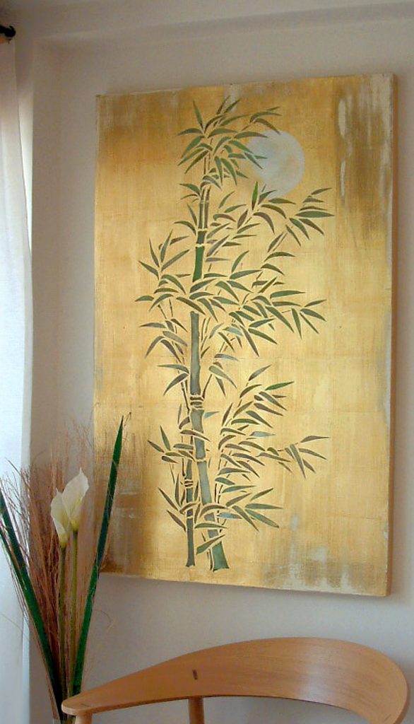 Beautifully elegant bamboo stencil
3 sheet stencil
The Oversize Bamboo and Moon Stencil - a beautifully elegant large bamboo stencil. Use this striking oversize motif for creating elegant features on walls, decorative panels and screens. Or create your own bamboo fabrics with this bamboo stencil. Bamboo is a popular design choice amongst artists and designers because its elegant formation has instant appeal in a wide variety of settings. Unique to this website the Oversize Bamboo & Moon stencil has a contemporary oriental style.

The Oversize Bamboo & Moon Stencil is a three sheet single layer stencil with easy to use registration dots to align the two main bamboo sections together and a circular moon motif. See size specifications below.