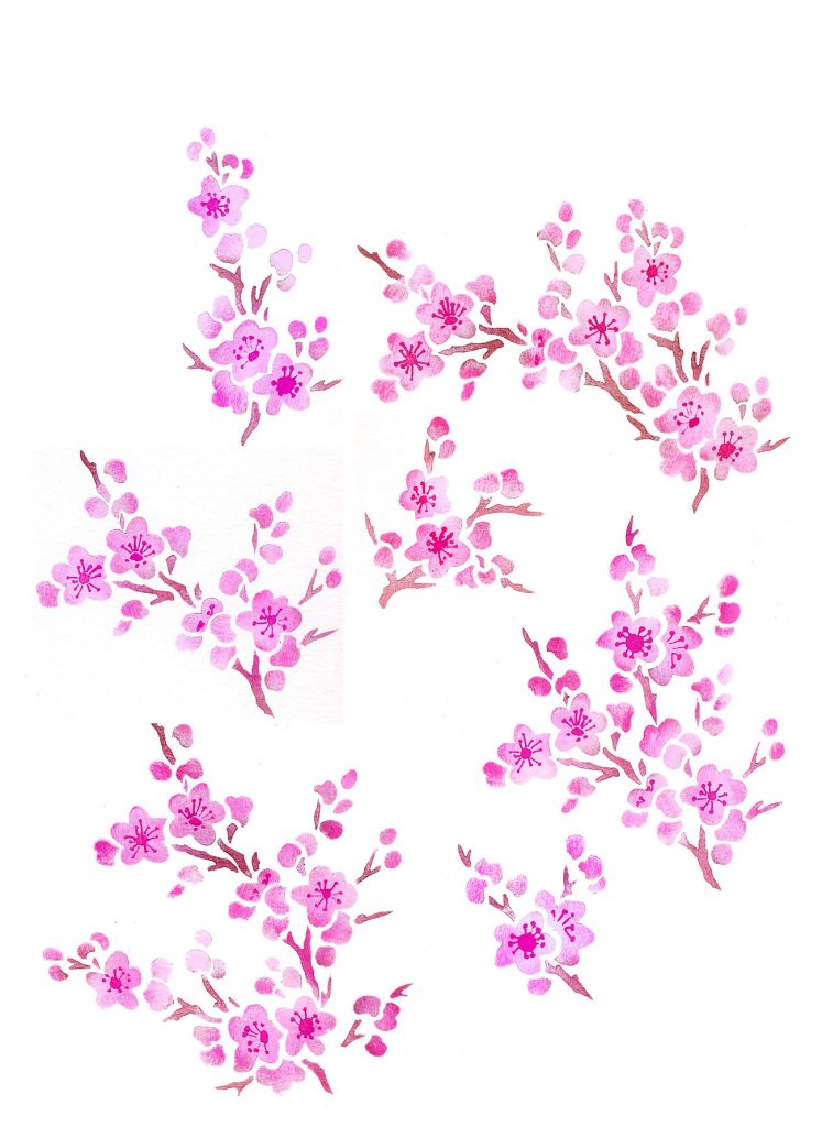Spring Blossom Design
Multi blossom stencil with layer two stamen details
3 sheet blossom stencil
The Small Blossom Stencil Theme Pack - 7 charming little cherry blossom motifs - is a versatile set of stencils. Use to decorate anything from walls with random blossom motifs, to the smallest wedding invitation, to furniture or oriental pieces, or cottage blinds, curtains, drapes and cushions. See size & layout specifications below.