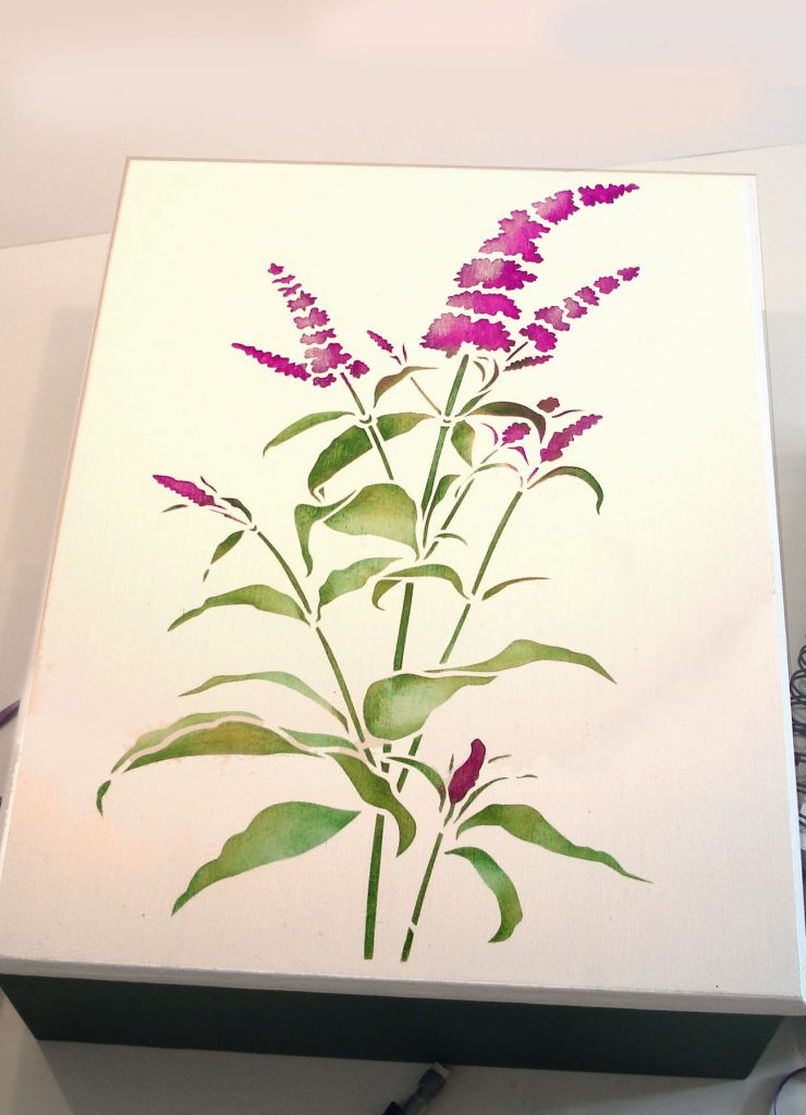 Beautiful wild flower stencil.
1 sheet stencil
The beautiful Buddleia Stem Stencil is perfect for botanical wild flower stencilling projects. This single stem buddleia design, based on Henny's buddleia studies and sketches, is an extremely versatile stencil and ideal for beginners.  Great for soft furnishings - curtains, bed linen and cushions - or on furniture and boxes, or on paper and craft work items. It can also be used as an extension to the fuller Buddleia Butterfly Bush Stencil. Also perfect with our Red Admiral Butterfly Stencils.  See size specifications below.