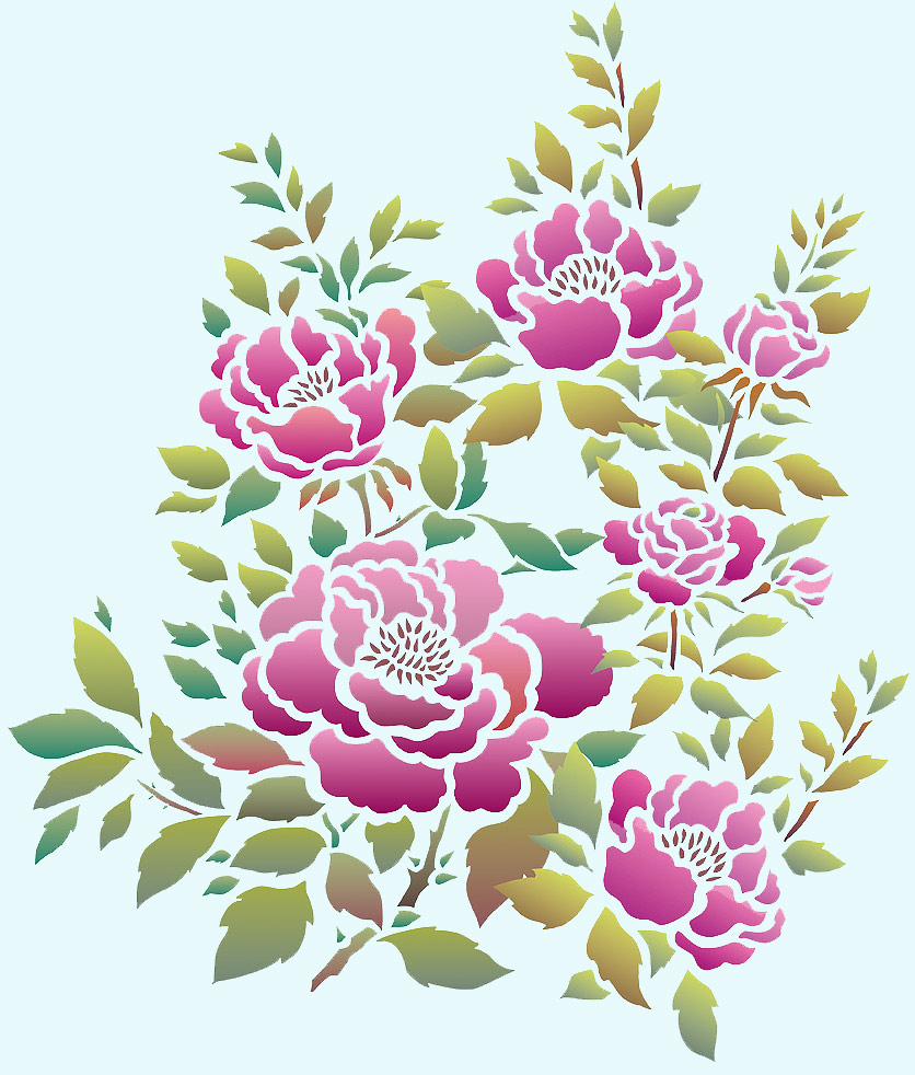 Rose Stencil - 3 rose motifs on 2 sheets
Flowering rose theme pack stencil
The China Rose Theme Pack Stencil is a perfect design for adding beautiful decorative touches to a host of surfaces - great for walls and furniture or on fabric and cushion covers. This design is also perfect for adding beautiful effects to favourite clothes - jackets, wide legged trousers and skirts.

The three motifs work well in natural rose colours or in monochromatic schemes and metallic hues. Each motif can be used individually or grouped together to create tall or bunched groups or as repeat patterns. See size and layout specifications below.
