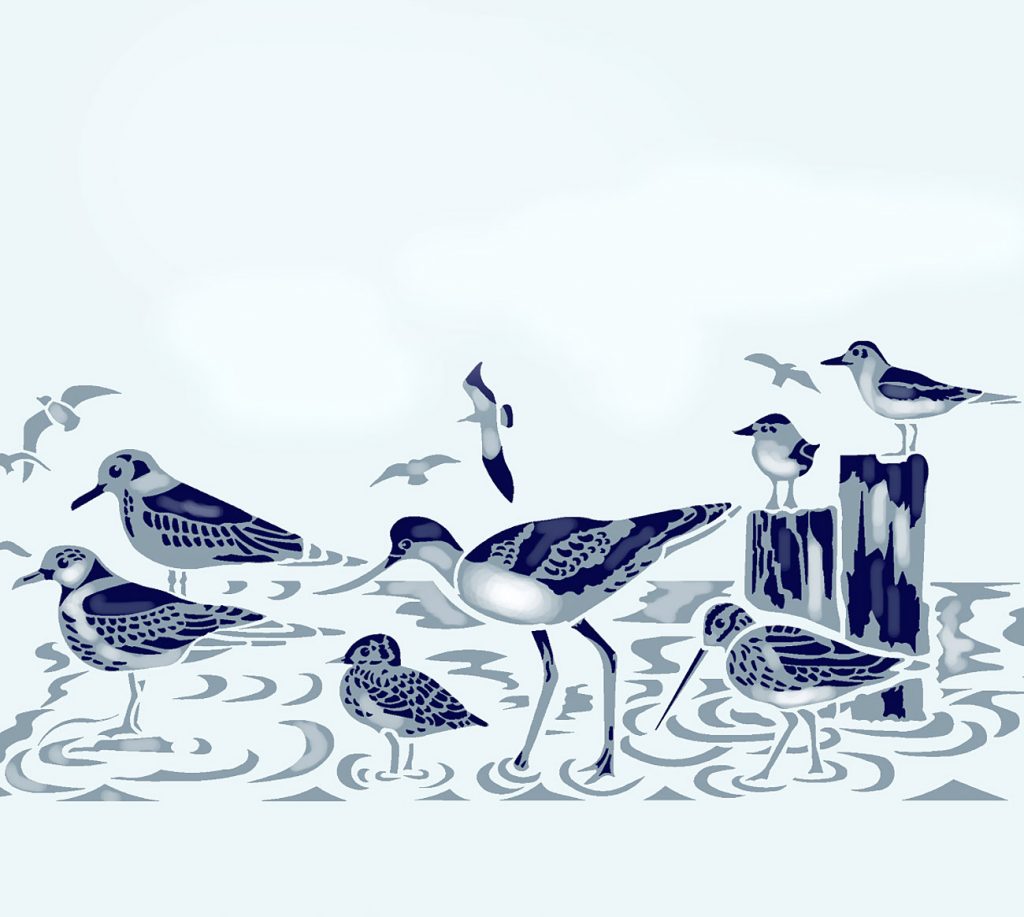 Detailed beautiful shoreline birds border stencil
2 sheet
The Coastal Birds Border Stencil depicts beautiful shoreline, seaside birds - ideal for classy coastal decorating and seaside themed rooms. This 2 sheet border stencil depicts intricately observed sea birds - the striking Avocet, Sandpiper and both young and adult seagulls. See size specifications below.