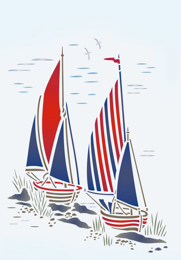 Pictorial motif stencil
1 sheet stencil
Create on trend coastal style with the Toile Sail Boats Stencil - a single motif sail boats design taken from our large Coastal Toile Stencil - part of our Coastal Toile Stencil Range.

The maritime charm of the Toile Sail Boats Stencil is fantastic for decorating coastal inspired rooms - use it on walls, hand printed cushion covers, in old wooden frames or to decorate toy boxes. Team with ticking and nautical striped fabrics and bunting.

Stencil in classic blues or greys on white, or with silhouette white on contrasting blues, or add splashes of colour with warm red. See size and layout specifications below. Use in conjunction with the Coastal Toile Stencil and Toile Lighthouse Stencil.