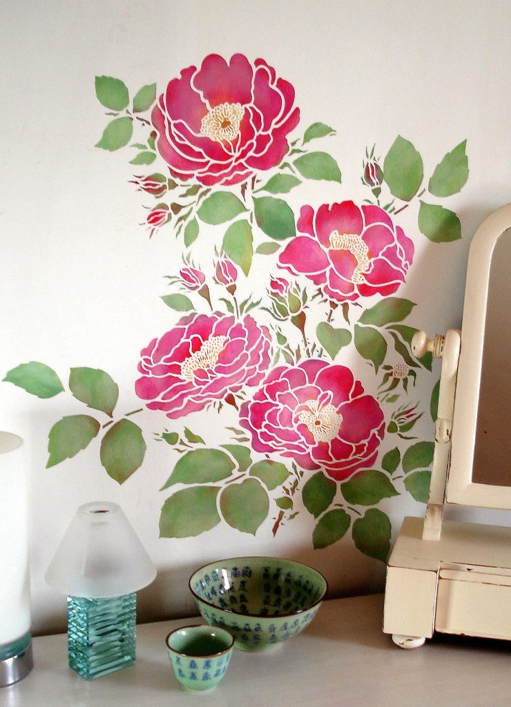 Beautiful full-blown cottage roses
Large botanical flower stencil
2 sheet stencil
The soft blousy, full blown Cottage Rose Stencil is a classic flower design, perfect for traditional and modern decorating schemes.

This beautiful, timeless rose stencil, inspired by classic English roses found in cottage gardens, can be used to add beautiful decorative flourishes to walls, furniture, curtains, cushions and to add designer style to summer dresses and tunics.

This easy to use stencil comes in two sheets with a larger motif comprising three flowers on one sheet and a single rose and additional bud and leaf details, on the other - allowing you to extend the design to fit any situation and layout. See size and layout specifications below.