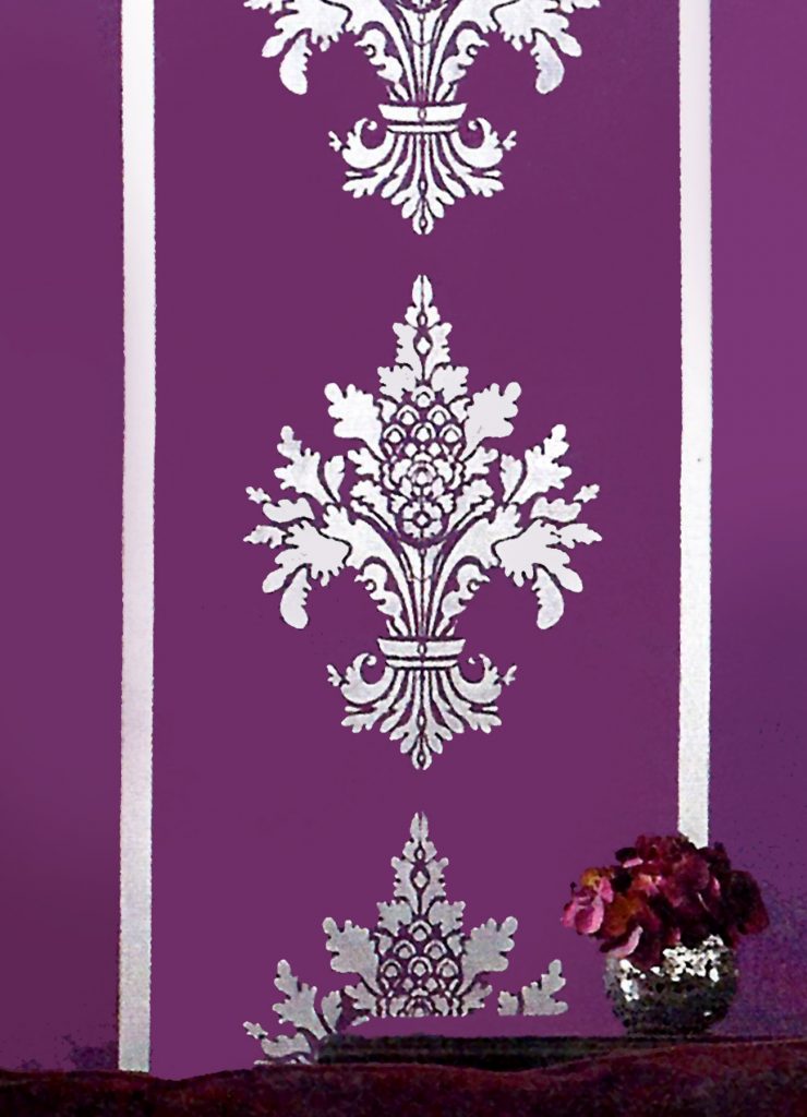 Ornate damask style fleur de lys stencil
1 sheet stencil
The Damask Fleur de Lys Stencil - is an inspired design for creating up to the minute impact and style on walls, fabric window treatments, on screens and as etched effects on windows and glass.

The Damask Fleur de Lys, a detailed Fleur de Lys lily shaped damask motif, very in vogue for today's interiors. This easy to use one sheet stencil is brilliant for creating instant impact and designer features. See size and layout specifications below.