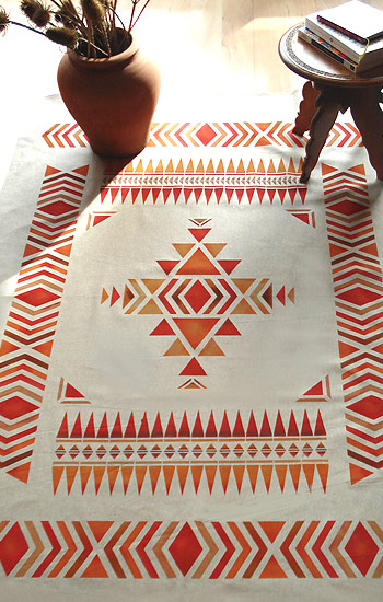 Large striking Navajo motifs theme pack stencil
Large 1 sheet stencil
The Large Navajo Firecreek Theme Pack Stencil contains three striking and adaptable motifs on one sheet - a large chevron border, two corner flecks and the large firecreek motif. Part of the Navajo Stencil Range, this stencil is ideal for on trend Native American decorating. Henny has taken inspiration from the Navajo First Nation textiles, rugs and horse blankets for this inspiring range of contemporary, up-to-the-minute stencil designs. See full Navajo Range listed below.

The versatile Large Navajo Firecreek Theme Pack Stencil will allow you to create a range of authentic designs and pattern contrasts. Ideal for themed rooms, or for introducing a Navajo pattern element on beautifully stencilled accessories. Border motif has easy to use registration dots. See stencil layout and size specifications below.