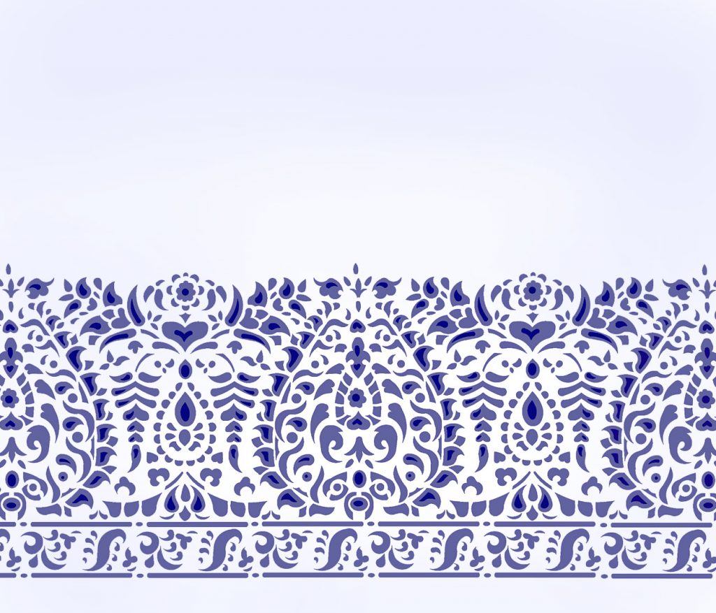 Deep intricate Indian style border design
Easy to use two layer stencil
Create a little opulence with the Gujarat Indian Border Stencil with its intricate filigree design. This stencil lends itself to multi-coloured schemes with Metallic and Glitter Paint accents, as well as neutral, pastel or simplified metallic colour schemes. This design looks beautiful stencilled onto both walls and fabric for drapes and bed linens. See size and layout specifications below.