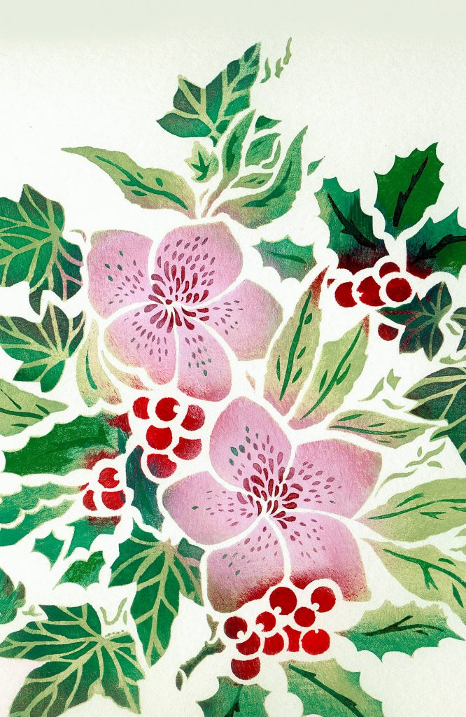 Delicate Christmas rose, holly and ivy stencil
2 layer 2 sheet stencil
The Hellebore & Ivy Stencil depicts the delicate winter blooms of the Hellebore Christmas Rose, intertwined with detailed ivy and holly berries and leaf motifs. This beautiful stencil is ideal for creating all year round decorative touches or special Christmas cards and table napkins. Two layer stencil with easy to use registration dots for aligning second layer details - see size and layout specifications below.
