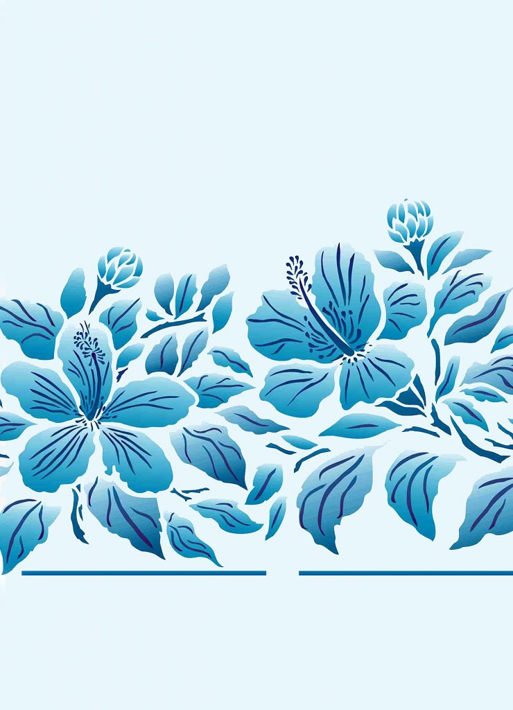 Large exotic hibiscus flower border
2 layer 2 sheet frieze stencil
The Large Hibiscus Flower Border Stencil is a lusciously deep border depicting the beautiful summer blooms of the exotic hibiscus and its globe-like buds. Use this border stencil as a frieze at dado height or picture rail height on walls, or to decorate wooden floors, or to create a deep foral edge to curtain drops.

Easy to use stencil two layer stencil with registration dots for repeat and layer alignment. See size and layout specifications below.