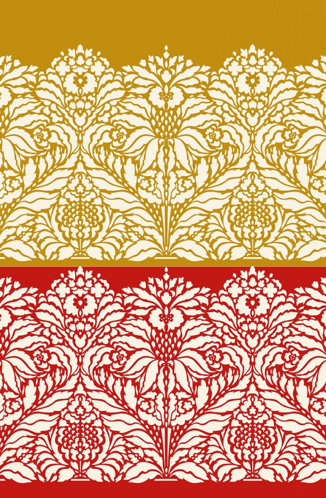 Beautiful deep Indian damask border
Large 1 sheet stencil
The Indian Floral Damask Border Stencil is an intricate oversize deep Indian border stencil. Use this design to add a beautiful continuous floral damask edging to walls, fabrics and floors.

The Indian Floral Damask Border Stencil is our deepest border stencil at over 45cm/18