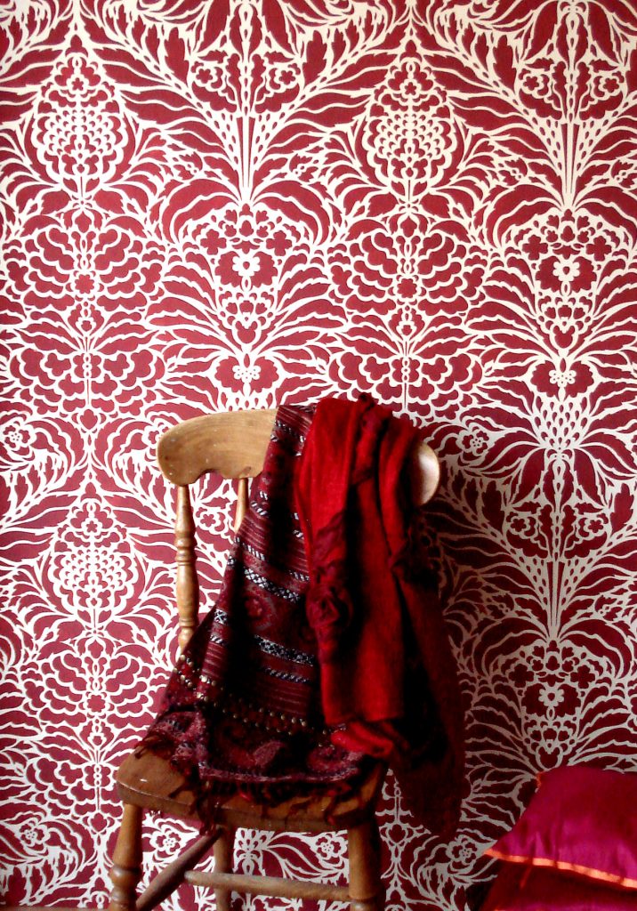 Beautiful Indian damask repeat stencil
1 sheet stencil
The Indian Floral Damask Stencil is an intricate oversize Indian repeat stencil for covering walls and fabrics with a beautiful continuous floral damask pattern. Use this large floral filigree stencil to create simply sumptuous effects on walls and fabrics. A truly unique and beautiful design to work with.

The Indian Floral Damask Stencil is a large yet delicate repeat design to create bold coloured pattern effects or create delicate lace effects with soft, faded tones.
- see size and layout specifications below.