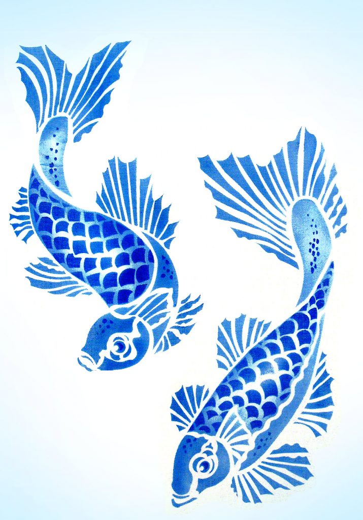 Two koi carp fish with layer 2 scale details
4 sheet stencil
The Koi Carp Stencil comprises two elegantly swimming koi carp. These beautiful and ever popular decorative motifs can be used to create fantastic pictorial features on walls, fabrics and furniture or even on mirrors and glass. The two fish each have two layers giving the beautiful scale details, with registration dots for easy alignment. See size and layout specifications below.

The Koi Carp are great in both classic single colour schemes or mixed colour combinations, with metallic or glitter finishes.