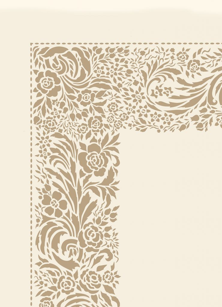 Delicate lace style, deep damask edging stencil
2 sheet stencil
The Lace Border & Corner Stencil is a stunning damask style lace border, based on delicate 18th Century lace patterns and interpreted for today's classic contemporary styles. Perfect for traditional and contemporary schemes alike this stencil can be used to create intricate damask effects and delicate edging on walls and fabrics and for adding beautiful painted effects on floors. Use the versatile two sheet border and corner sections together or separately to create a variety of effects - see size and layout specifications below.
