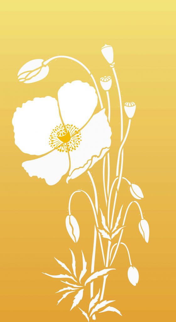 Beautiful tall wild single poppy stencil
1 sheet stencil
The Large Wild Poppy Stencil is a tall elegant wild poppy design based on Henny's poppy drawings created 'in situ' in summer meadows. This design captures the timeless beauty and fragility of wild poppies.

The Large Wild Poppy Stencil comprises one tall graceful wild poppy motif, with full blown petals, buds, leaves, seed pods and layer two intricate stamens. Large stencil - see size and layout specifications below.