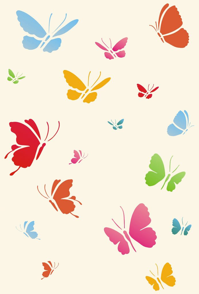 The Little Butterflies Stencils are two different sets of small butterfly stencils.
Little Butterflies Stencil 1 and Little Butterflies Stencil 2 can be used individually or together to create a host of pretty butterfly arrangements and themes. Use on furniture, accessories, clothes, cushions and on greetings and invitiation cards. Or use as groups on walls and fabrics to create random flying butterfly effects. See size and layout specifications below.
