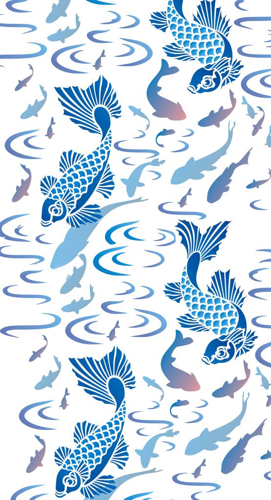 Stencil Theme Pack with our Little Koi Carp
And Fish Silhouette Stencils
3 small sheet stencil pack
The Little Fish Stencils Theme Pack - a charming set of fish stencils contains our three little fish stencils - the two little koi designs, Little Koi Stencil 1 and Little Koi Stencil 2, along with the Small Fish Silhouettes Stencil. Each sheet can be purchased individually or on this page as the Little Fish Stencils Theme Pack for a reduced combined price.

These stencils also work beautifully with our Large Standing Cranes Stencils, Blossom Stencils and Waterlilies Stencil, or with the larger Koi Carp Stencils. Use the different koi stencils on walls, furniture, curtains and accessories. See size and layout specifications below.