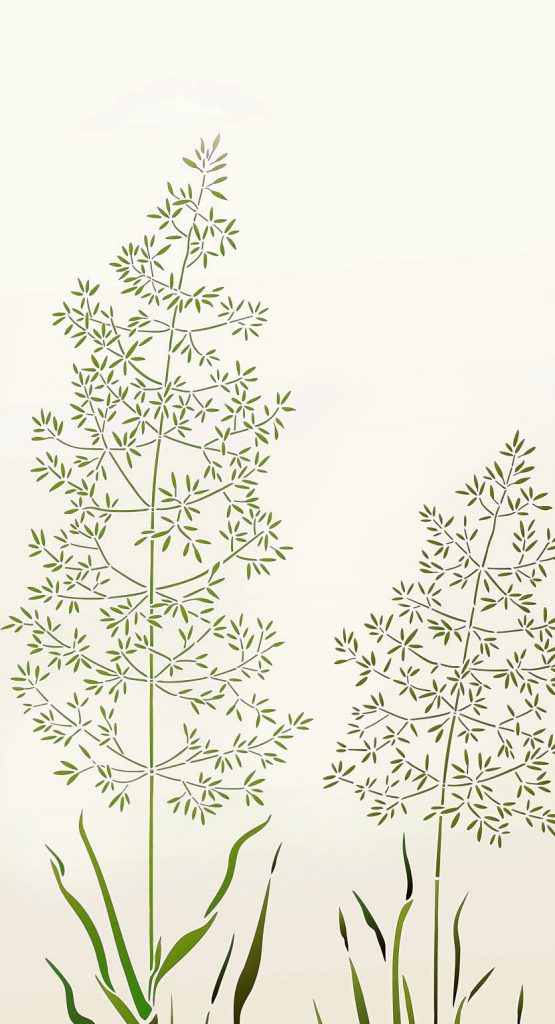 Intricate, detailed grass stencil
Large 1 sheet stencil
The intricately detailed Large Wild Meadow Grass Stencil is inspired by soft wild meadow grasses with their soft full plumage made of tiny seeds on fragile, thin stems. This delicate stencil will provide a sophisticated and soft decorative touch for both walls and fabrics.

The Large Wild Meadow Grass Stencil is a single sheet one layer stencil with two wild meadow grass motifs that can be used together or separately - see specifications below.