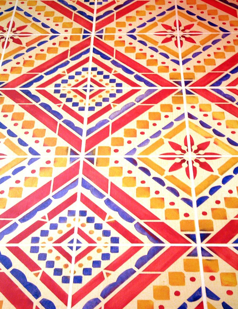 Traditionally styled Mediterranean tile design
Quarter repeat 1 sheet stencil
Create the look of a real tiled floor or wall with this tile-effect Mediterranean Floor Stencil which captures the stylish, simple geometric patterns of original ceramic Mediterranean tiles. Ideal for floors and walls in hallways, dining areas, bathrooms and conservatories. Fantastic in bold, sunny primary colours or rustic earthy tones for classic Spanish Mediterranean style, or in soft greens and blues for an airier Provencal look.

This 28cm square single layer stencil works in exactly the same way as real ceramic tiles - the individual stencil is rotated and repeated 4 times to make up the whole pattern repeat. See size and layout specification below. For stencilling large areas try our complete repeat Large Mediterranean Stencil.